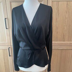 NWT Express Satin Black Faux Wrap Peplum Blouse